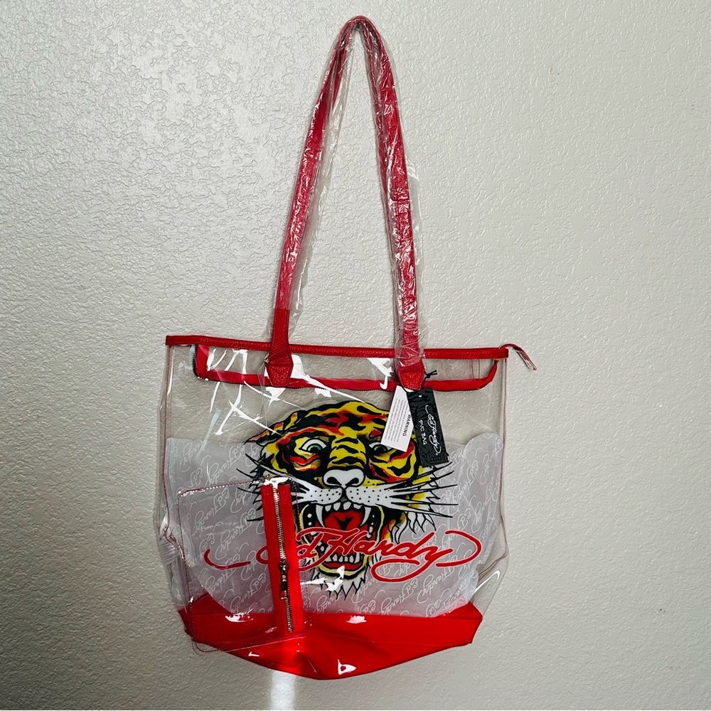 Ed Hardy Tiger Clear Red Tote Bag with Matching Pouch – NWT